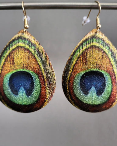 Metal Peacock Feather Printed Drop Earrings