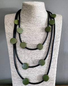 Unusual Black Rubber Necklace With Green Disc