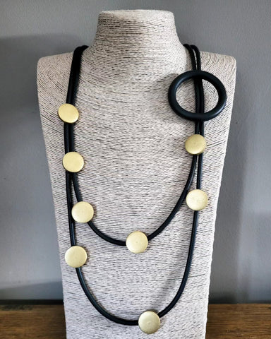 Unusual Black Rubber Necklace With Gold Disc