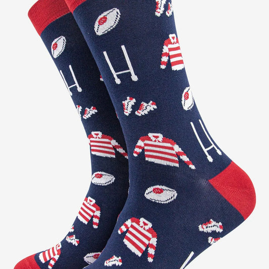 Men's Rugby Kit and Goal Print Bamboo Socks in Navy and Red
