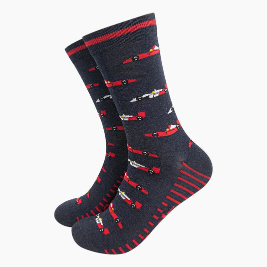 Men's Bamboo Socks - Navy, Race Cars