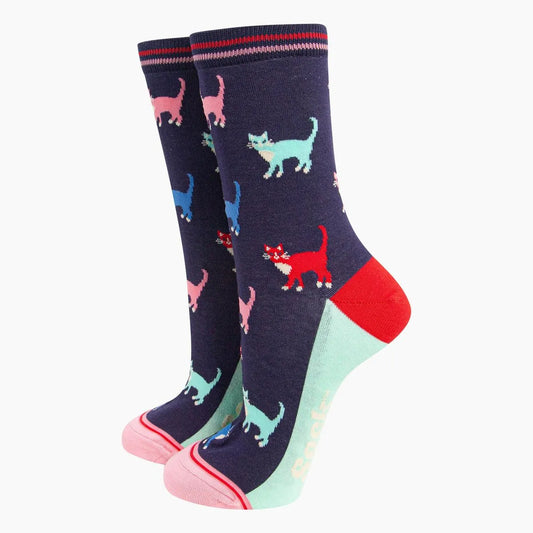 Women's Bamboo Socks - Navy/Multi, Cats