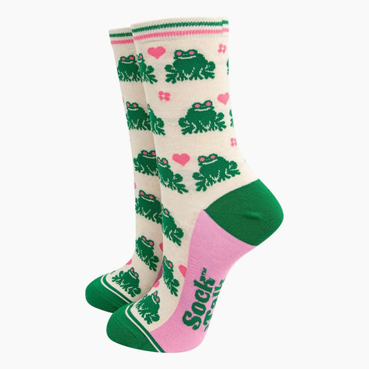 Women's Bamboo Socks - Cream, Frog Love Heart