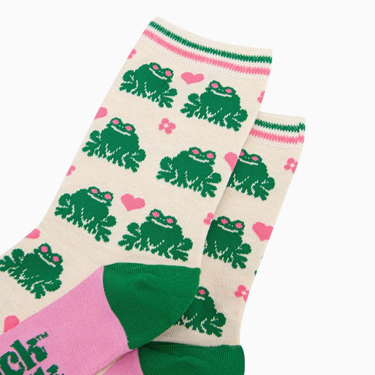 Women's Bamboo Socks - Cream, Frog Love Heart