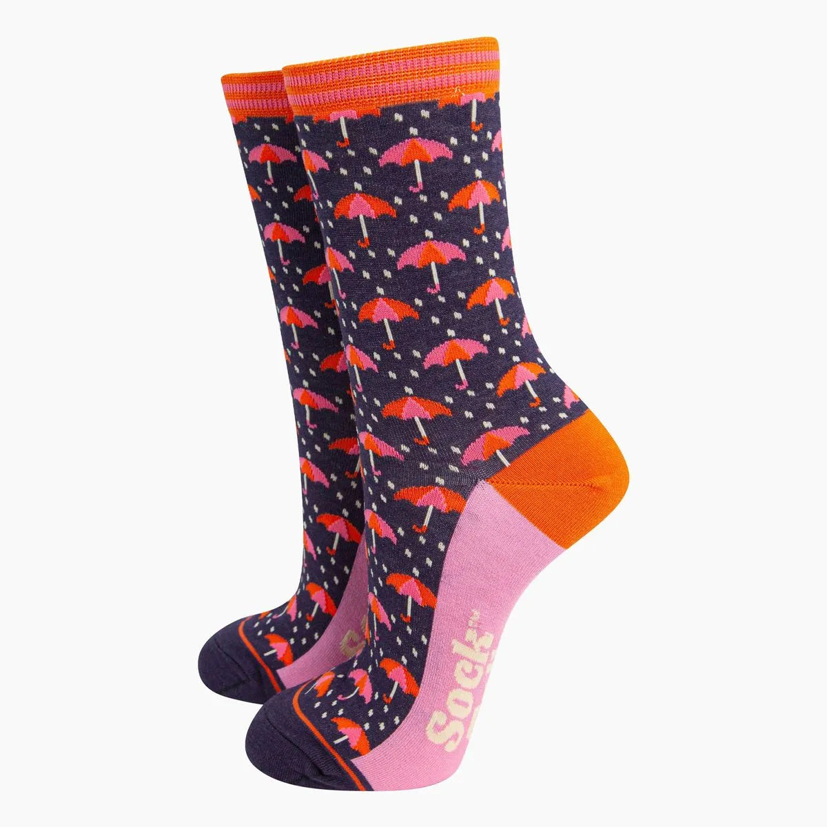 Women's Bamboo Socks - Navy, Umbrellas and Raindrops
