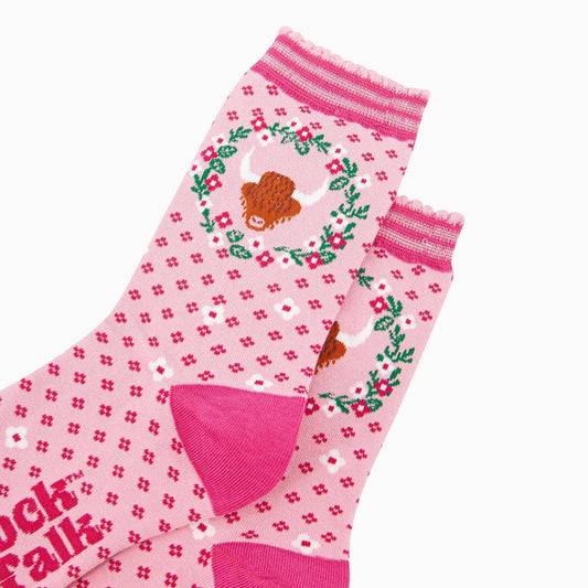 Women's Bamboo Socks - Pink, Highland Cow Wreath