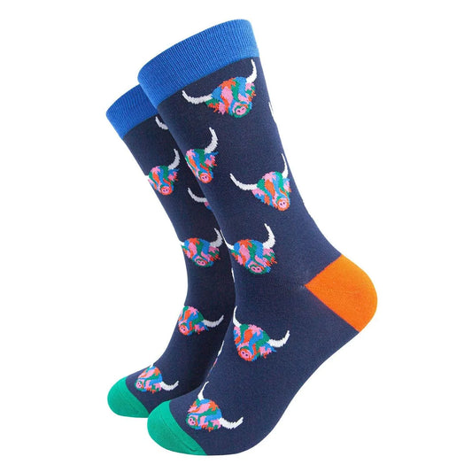 Men's Bamboo Socks - Navy Blue/Rainbow, Highland Cow