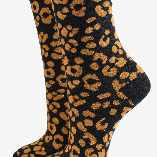 Women's Glitter Socks -Black/Orange, Leopard