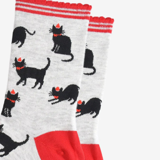 Women's Bamboo Socks - Grey/Red, Christmas Cats