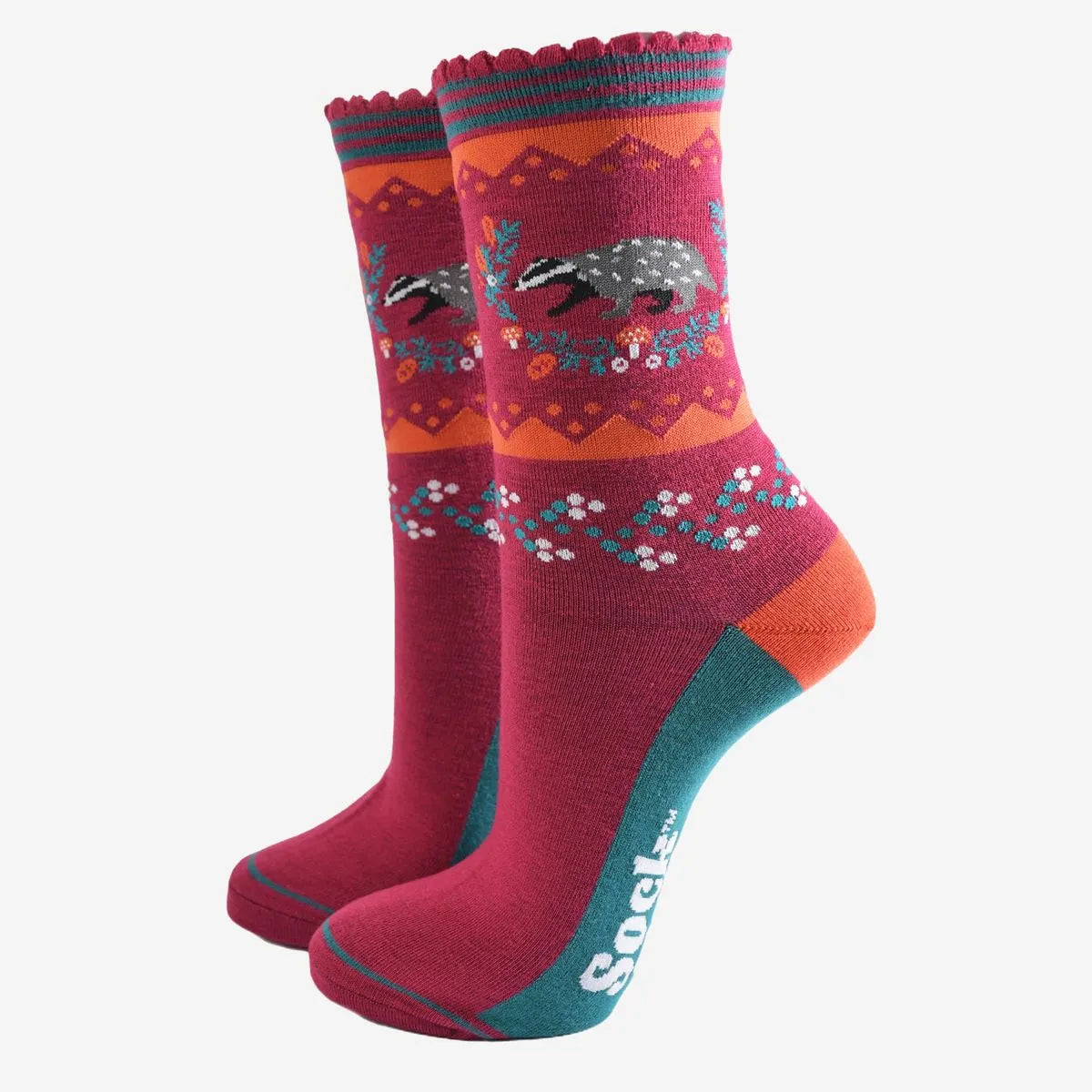 Women's Bamboo Socks - Berry/Orange, Badger Wreath