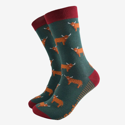 Men's Bamboo Socks - Green/Red, Highland Cow