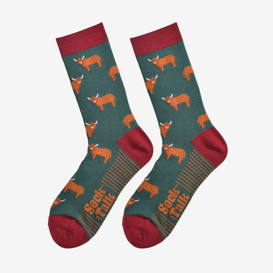 Men's Bamboo Socks - Green/Red, Highland Cow