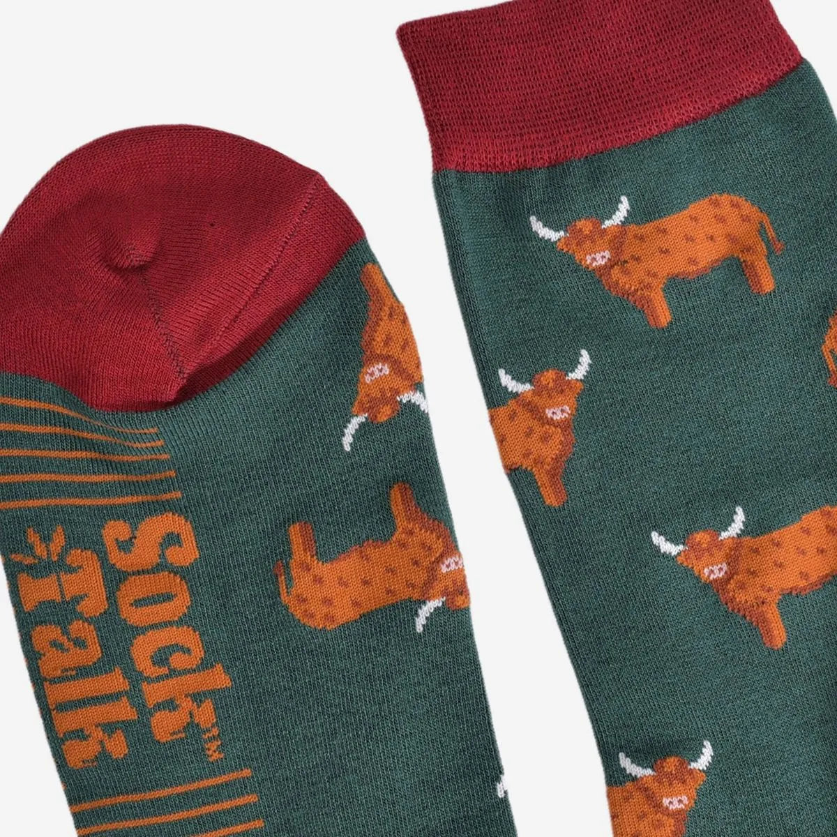 Men's Bamboo Socks - Green/Red, Highland Cow