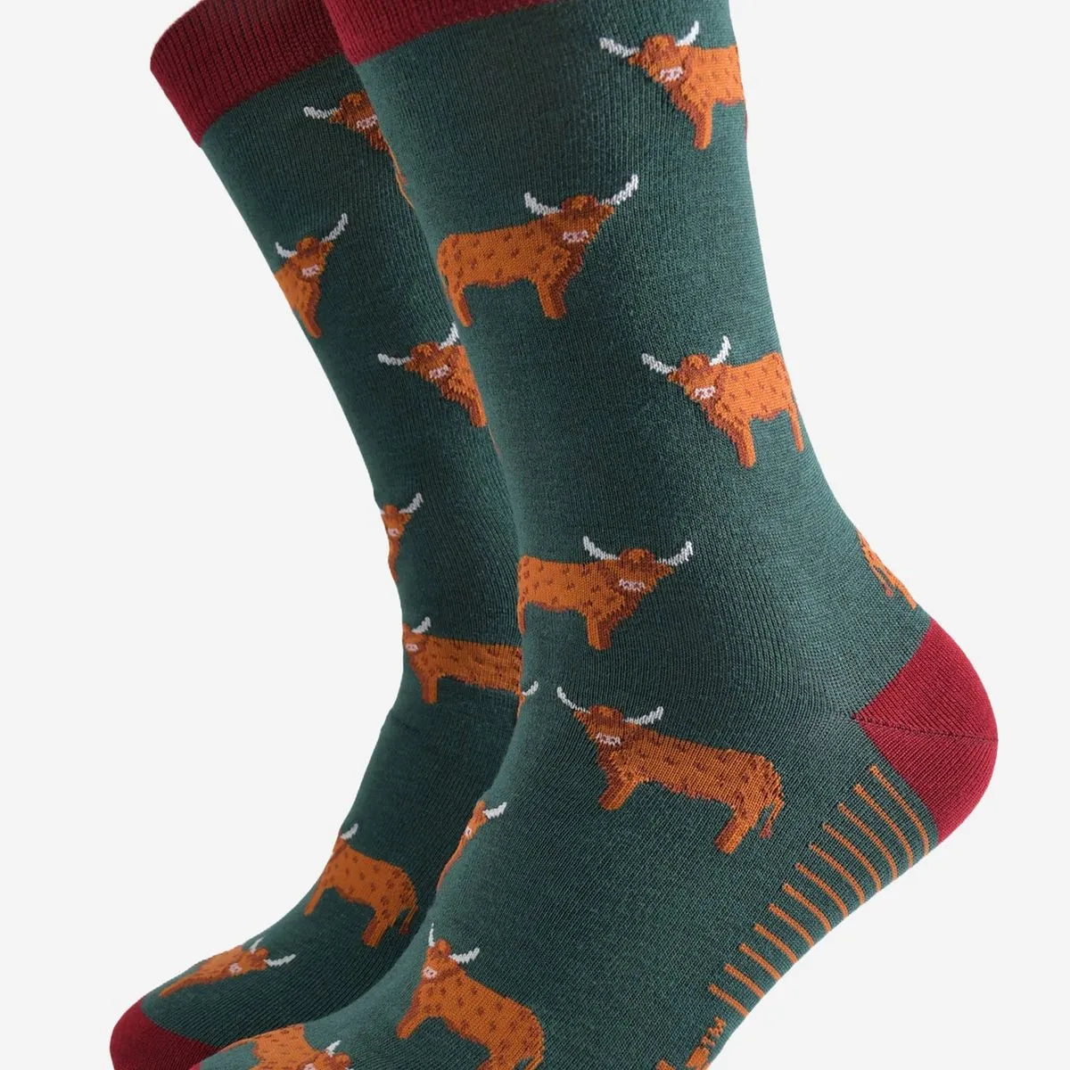 Men's Bamboo Socks - Green/Red, Highland Cow