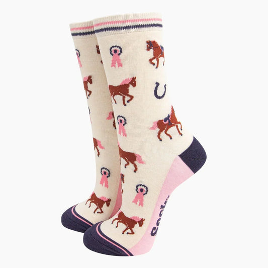 Women's Bamboo Socks - Cream, Horse Riding