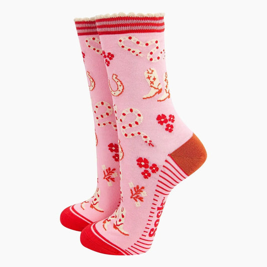 Women's Bamboo Socks - Pink, Western Cowgirl Snakes