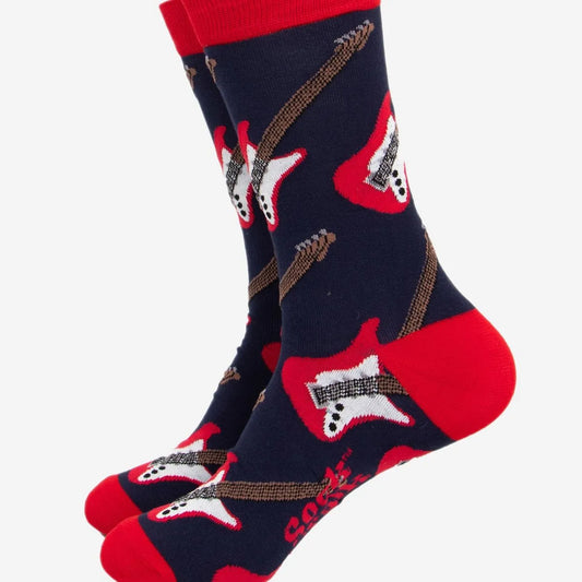 Men's Bamboo Socks- Blue/Red, Guitars