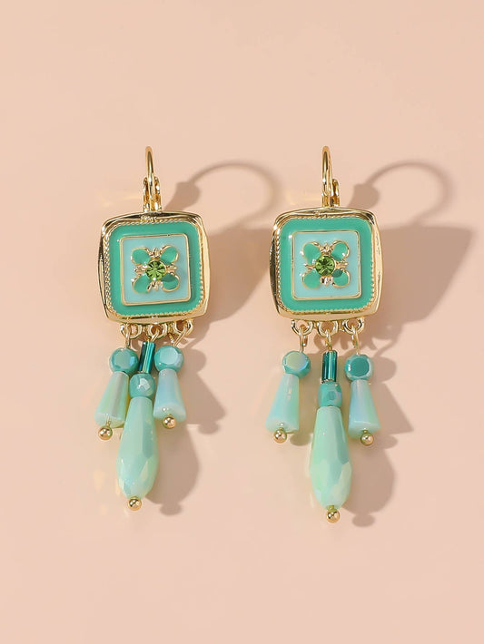 Aqua Green Enamel & Bead Drop Earrings