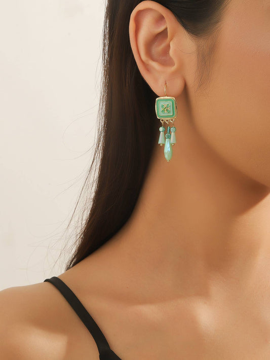 Aqua Green Enamel & Bead Drop Earrings
