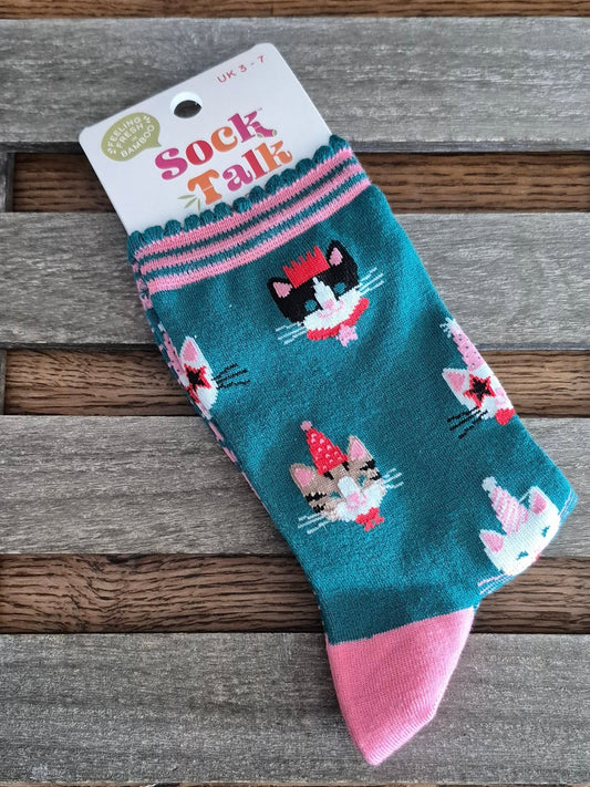 Women's Bamboo Socks - Teal Party Cats