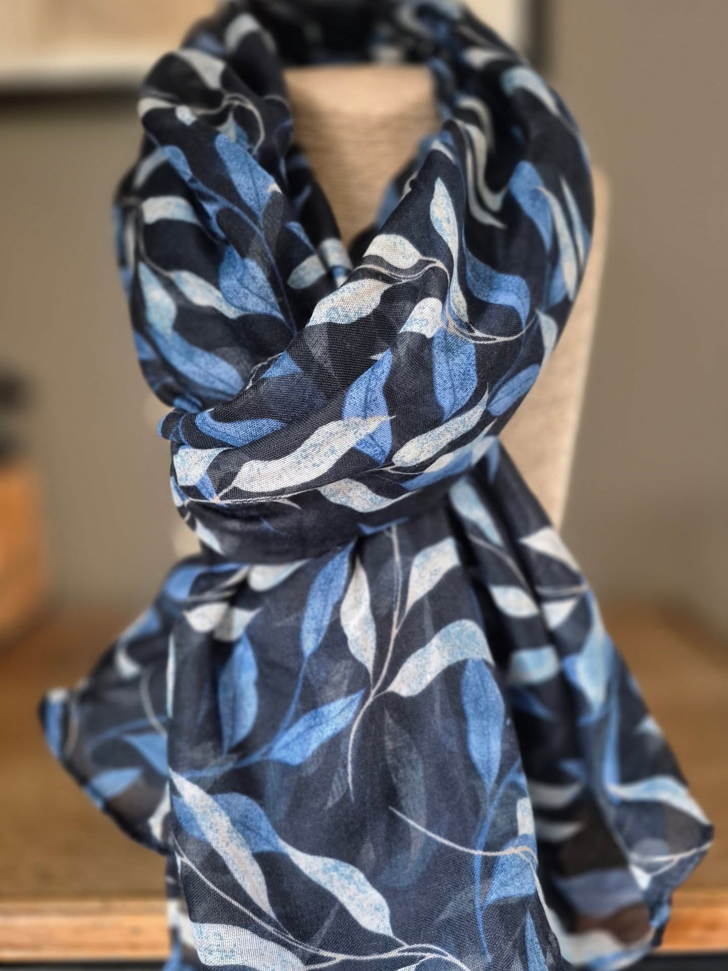Navy Leafy Lightweight Scarf