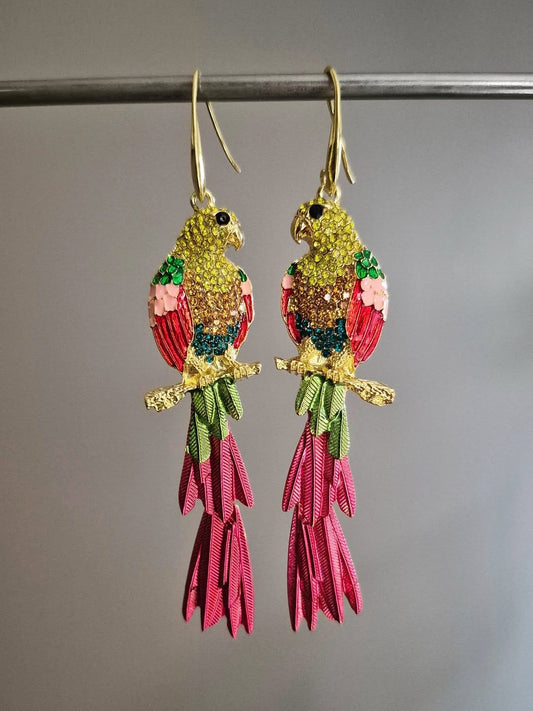 Striking Encrusted Parrot Drop Earrings