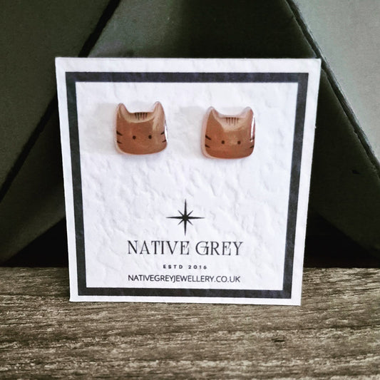 Cat Head Stud Earrings - Brown with Stripes