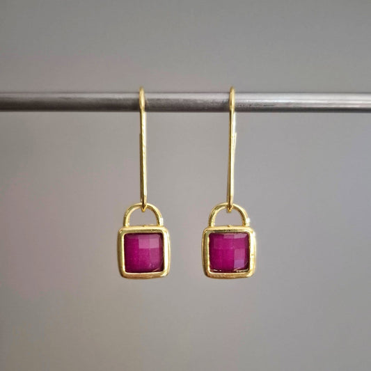 Gold & Berry Coloured Square Drop Earrings