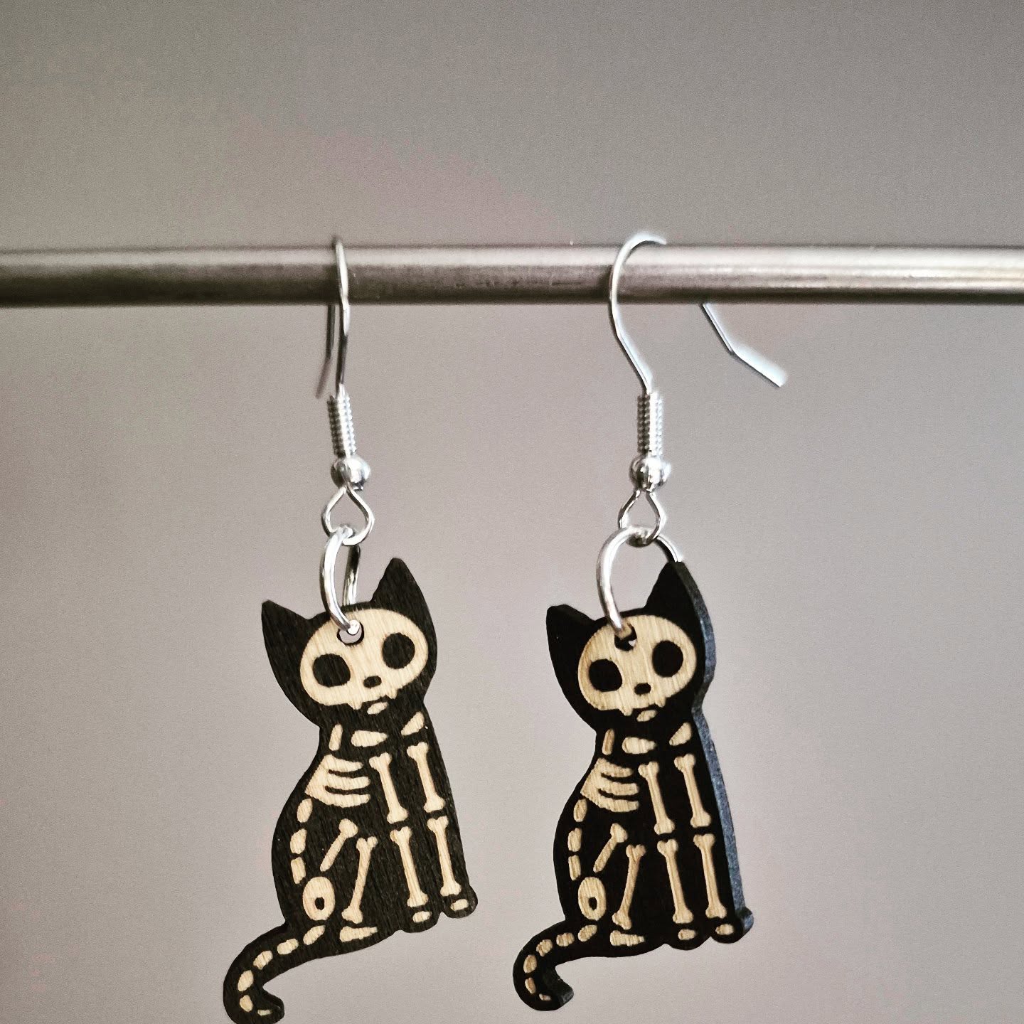 Wooden Skeleton Cat Drop Earrings