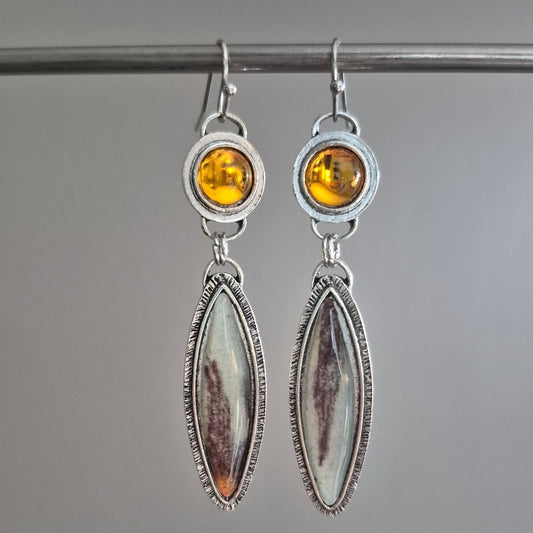 Silver & Tan Boho Drop Earrings