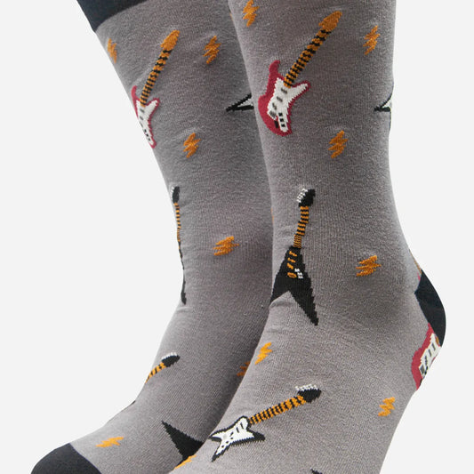 Grey Men's Electric Guitar Print Bamboo Socks