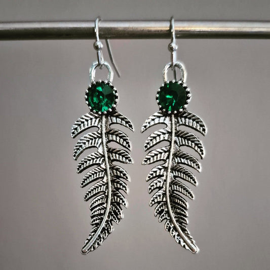 Silver Leaf Earrings With Green Crystal
