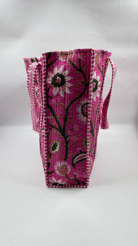 100% Cotton Kantha Quilted Boho Floral Reversible Tote Bag