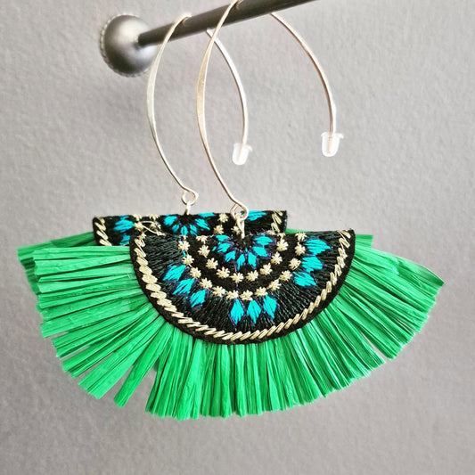 Green Fanned Statement Drop Earrings