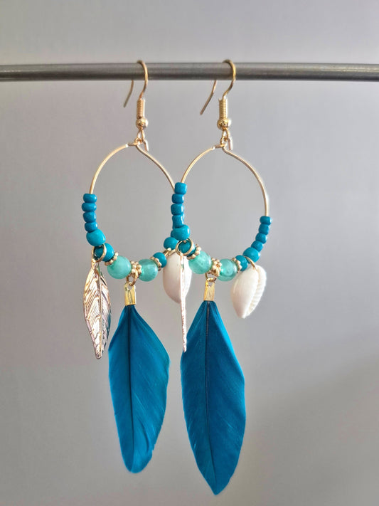 Feather & Shell Hoop Drop Earrings - Teal