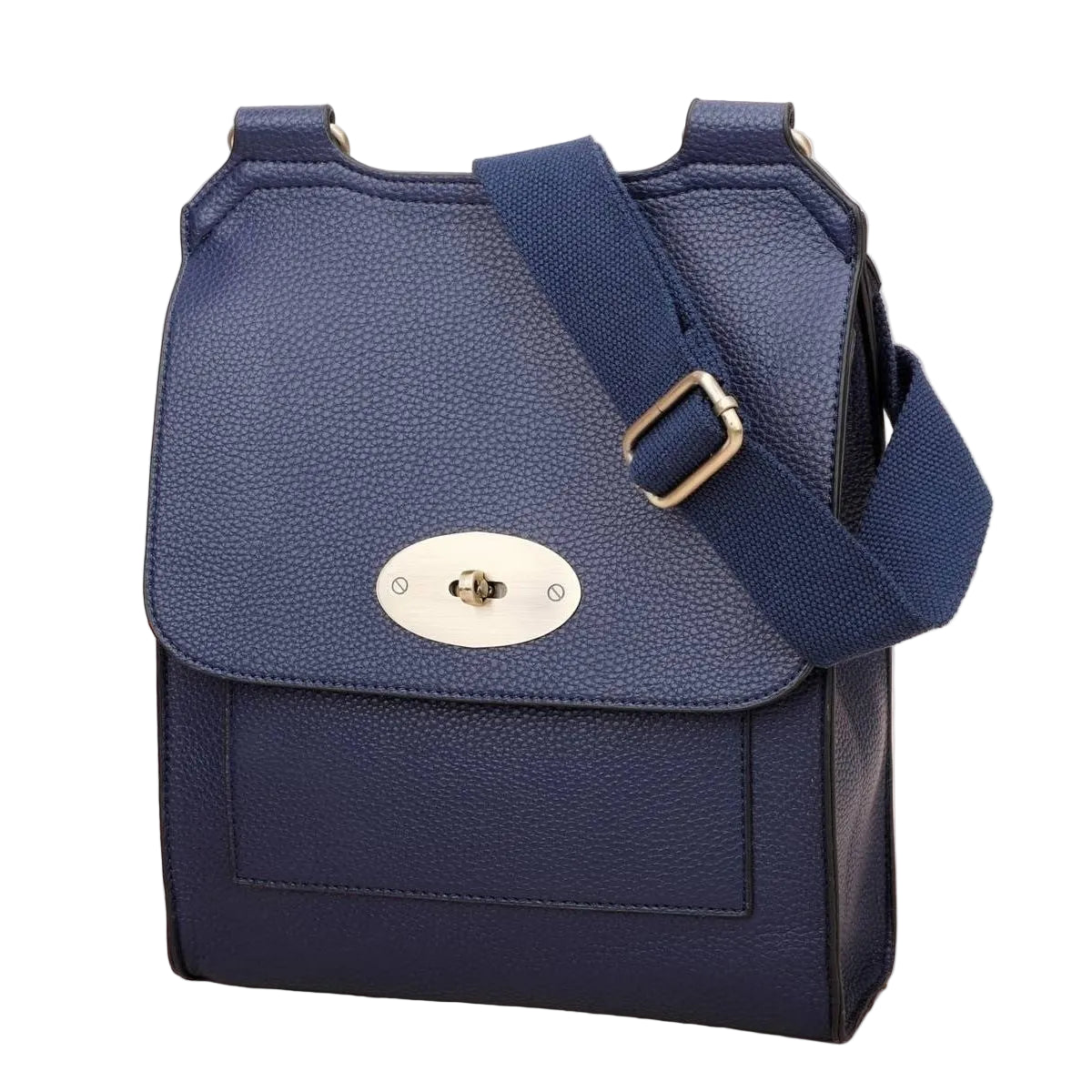 Blue leather bag with gold buckle on a light wooden surface