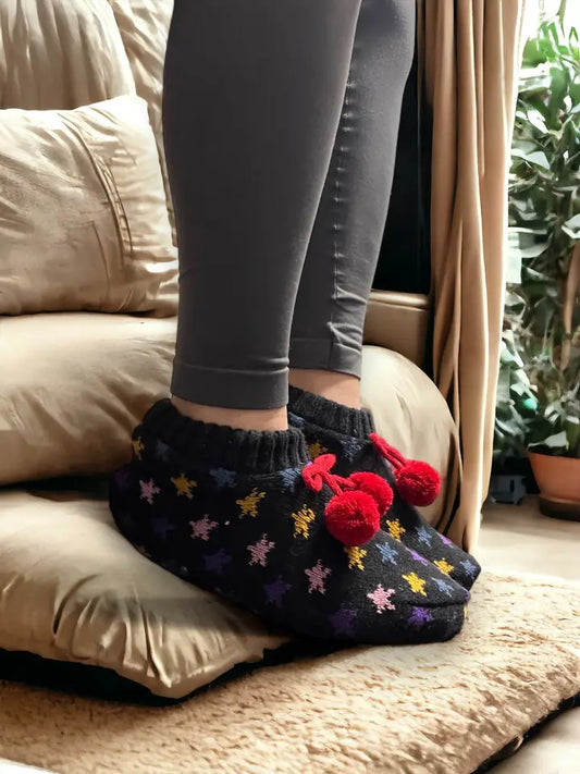 Multi-Coloured Stars Black Super Cosy Slippers