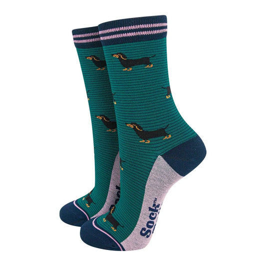Women's Bamboo Socks - Forest Green/Navy Blue, Sausage Dog Stripes