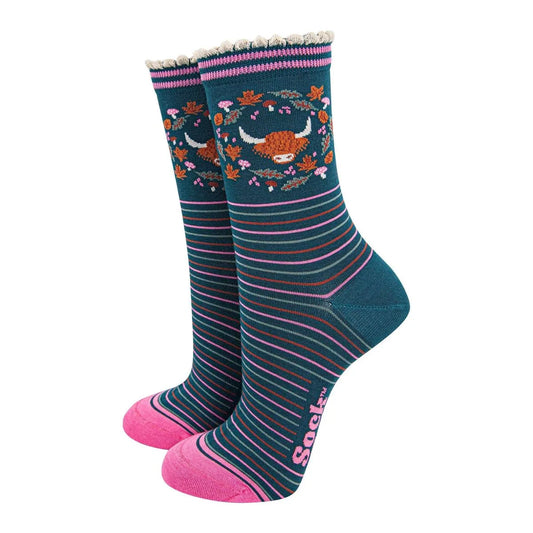 Women's Bamboo Socks - Forest Green/Pink, Highland Cow Floral Wreath