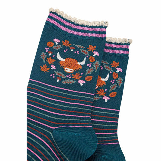 Women's Bamboo Socks - Forest Green/Pink, Highland Cow Floral Wreath