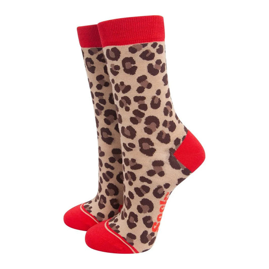 Women's Bamboo Socks - Beige/Red, Leopard