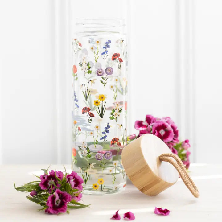 Wildflower Floral Glass and Bamboo Water Bottle