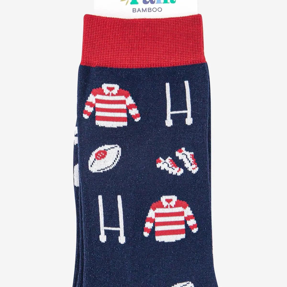 Men's Rugby Kit and Goal Print Bamboo Socks in Navy and Red