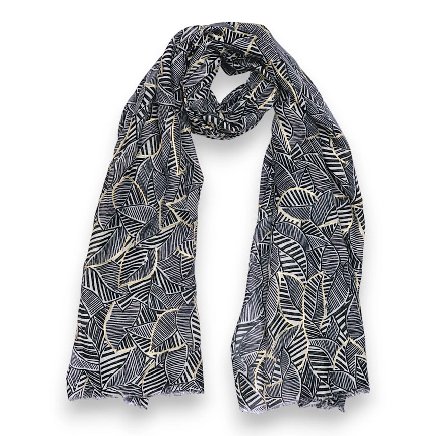 Black & Gold Monochrome Leaf Print Scarf