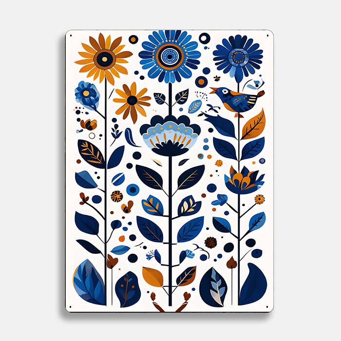 Floral Flowers Scandinavian Folk Metal Sign Plaque: SMALL 6x8inch