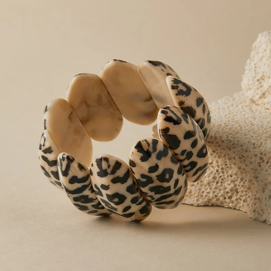 Acrylic Leopard Print Elasticated Bracelet - Beige