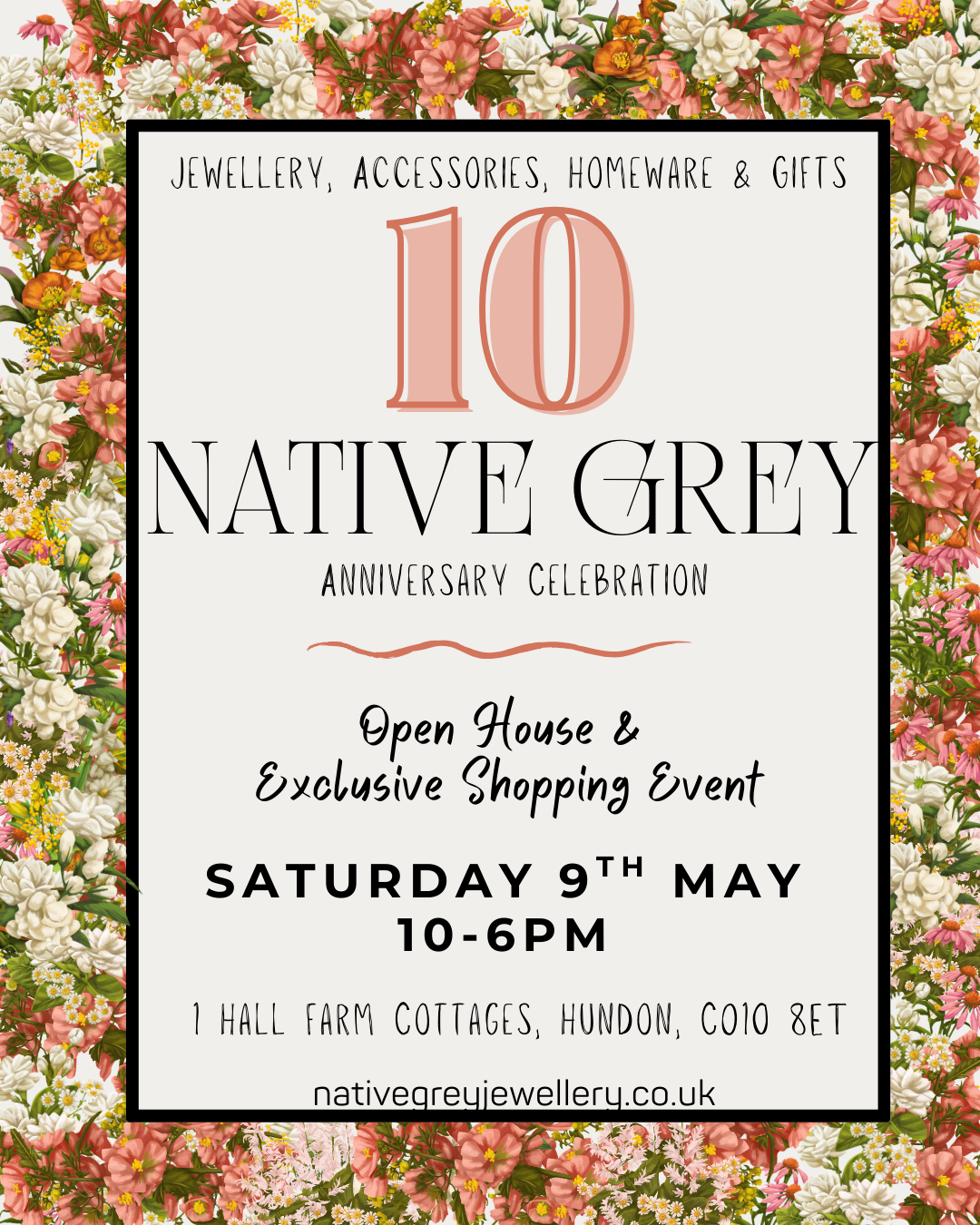 Advertisement for Native Grey's 10th anniversary celebration with floral border