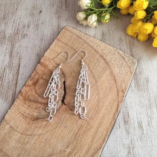 Multi Chain Layered Drop Earrings Silver