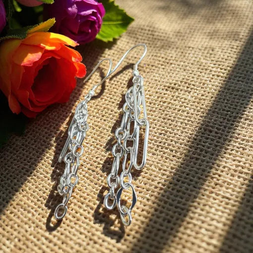 Multi Chain Layered Drop Earrings Silver