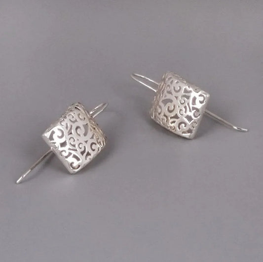 Swirl Patterned Rectangle Drop Earrings - Silver